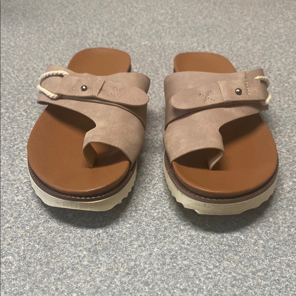 Tan and Brown Minimalist Sandals with Two-Strap Design
